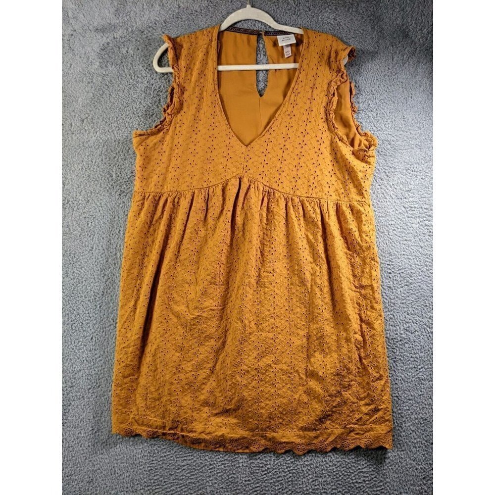 Knox Rose Dress Women XXL Mini Ruffle Sleeve Eyelet V Neck Cotton Mustard Yellow